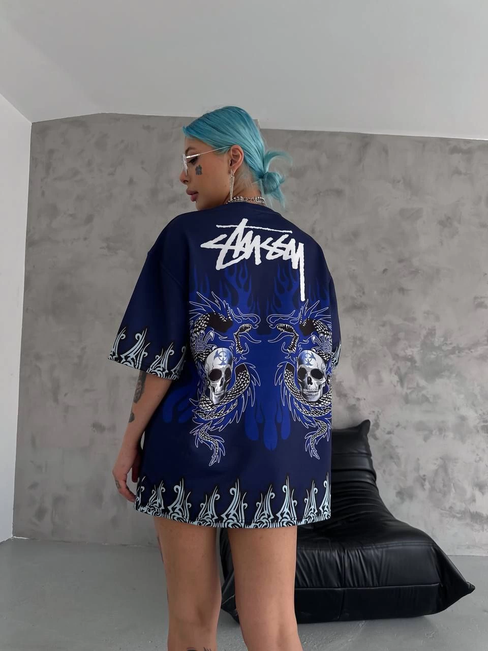 Unisex Bisiklet Yaka Baskılı Oversize T-Shirt – Lacivert