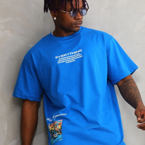 Erkek Bisiklet Yaka Baskılı Oversize T-Shirt – Mavi