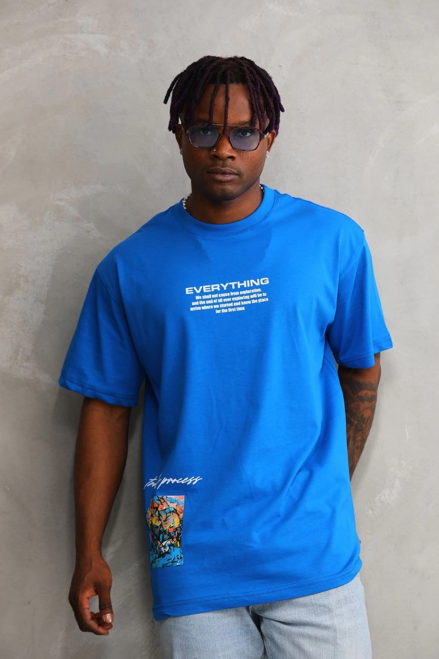 Erkek Bisiklet Yaka Baskılı Oversize T-Shirt – Mavi