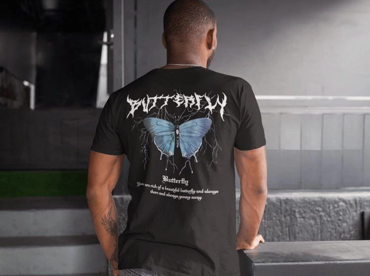 Erkek Tişort Bisiklet Yaka Kelebek Baskılı Kısa kol T-Shirt – Siyah
