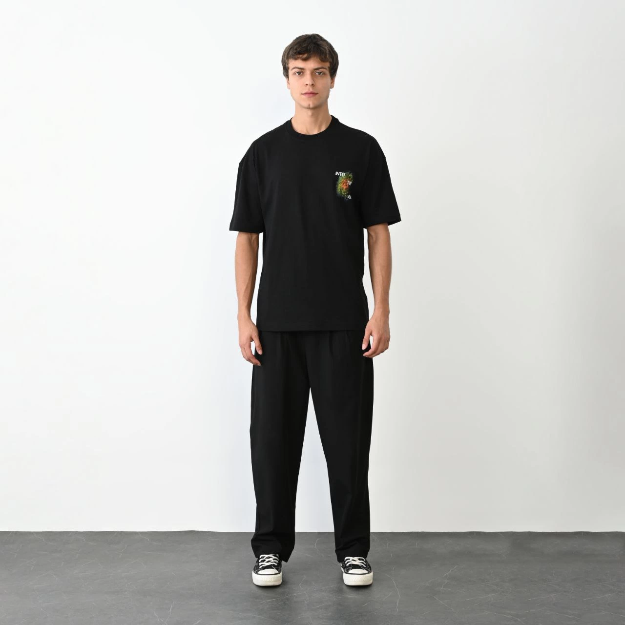 Erkek Kısa Kol Yazlık Tişört Bisiklet Yaka Baskılı Oversize T-Shirt – Siyah