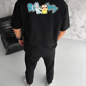 Erkek Kısa Kol Tişört Bisiklet Yaka RİCK AND MORTY Baskılı T-Shirt – Siyah