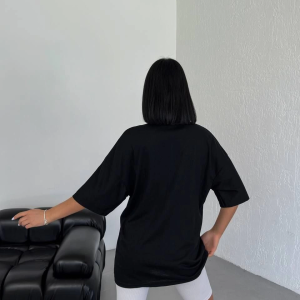 Kadın Baskılı T-Shirt Kısa Kol Bisiklet Yaka Oversize Rahat Kalıp Günlük Tişört – Siyah