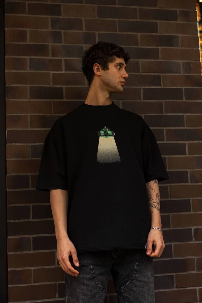 Erkek Kısa Kol Yazlık Tişört Bisiklet Yaka Baskılı Oversize T-Shirt – Siyah