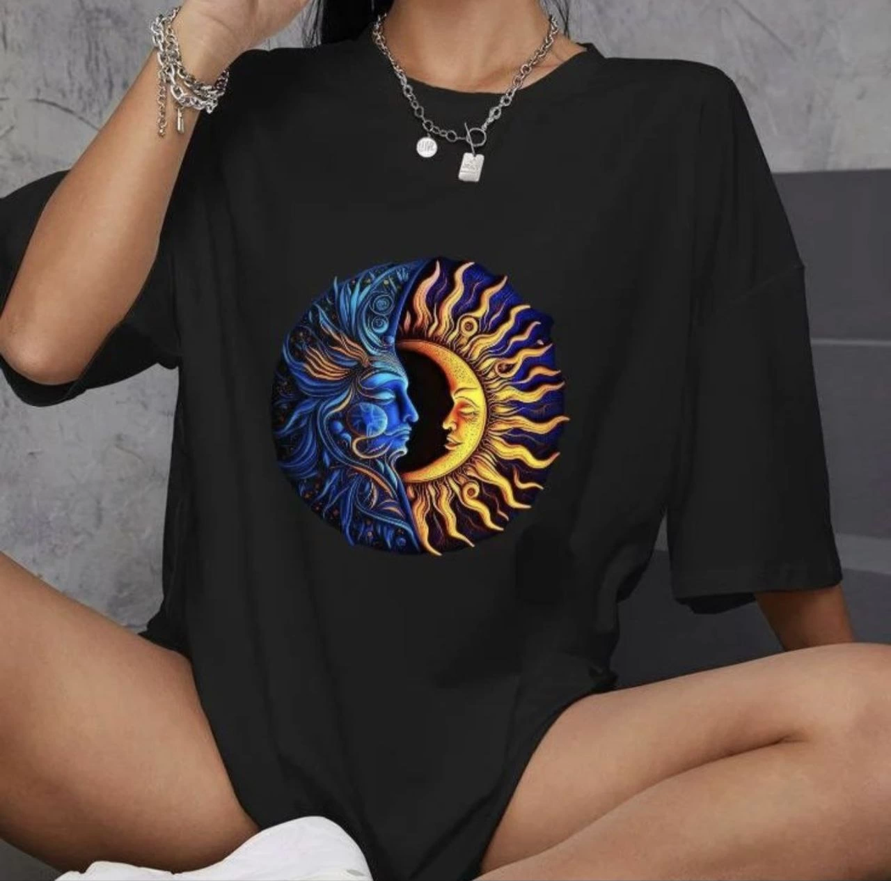 Kadın Baskılı T-Shirt Kısa Kol Bisiklet Yaka Oversize Rahat Kalıp Günlük Tişört – Siyah