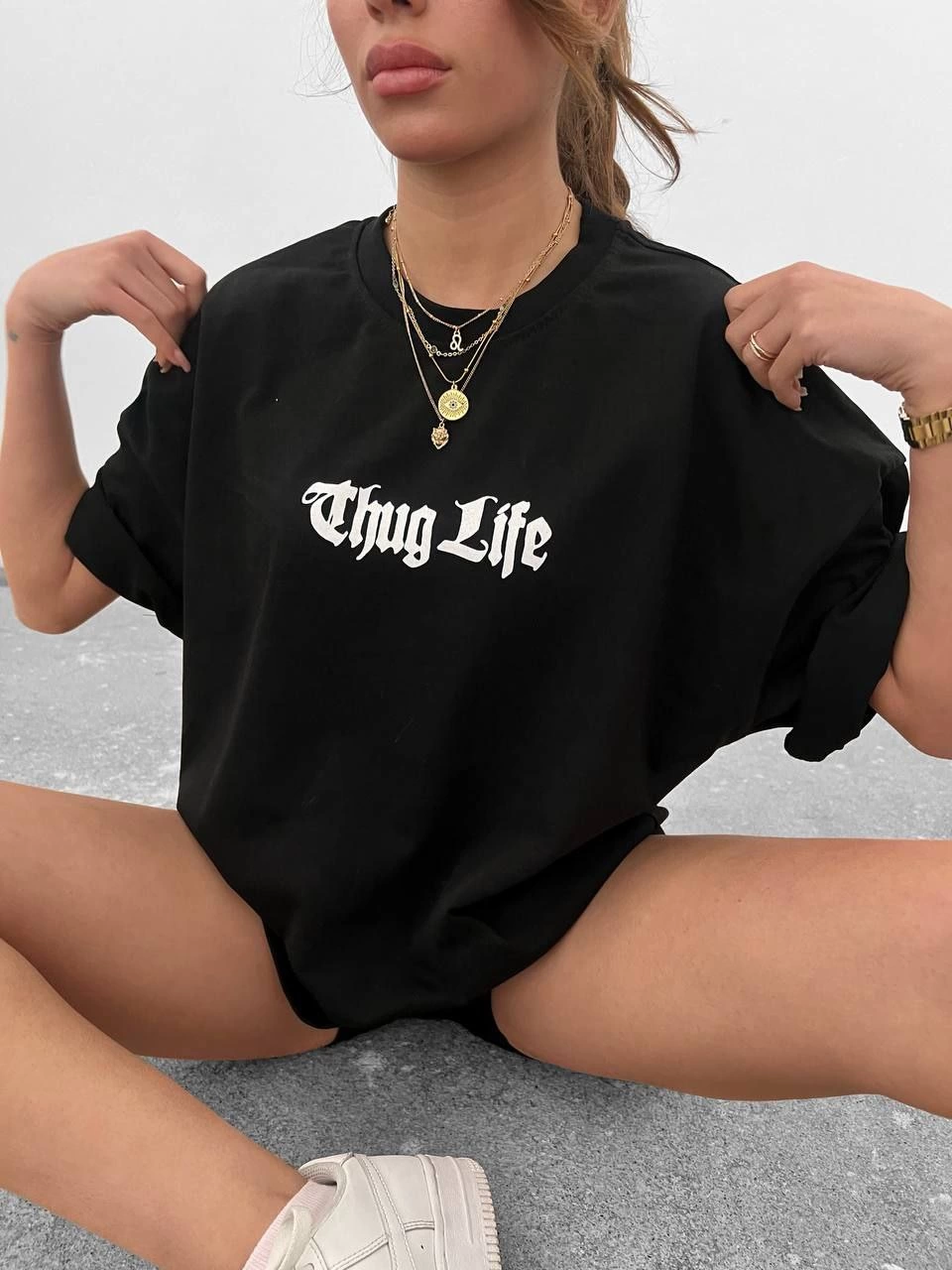 Kadın Bisiklet Yaka Baskılı Oversize Kısa kol T-Shirt – Siyah