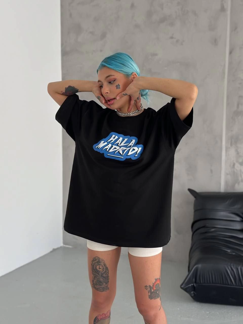 Kadın Kısa Kol Yazlık Tişört Bisiklet Yaka Baskılı Oversize T-Shirt – Siyah