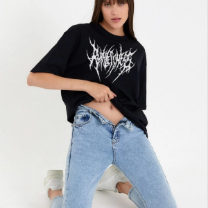 Kadın Baskılı T-Shirt Kısa Kol Bisiklet Yaka Oversize Rahat Kalıp Günlük Tişört – Siyah