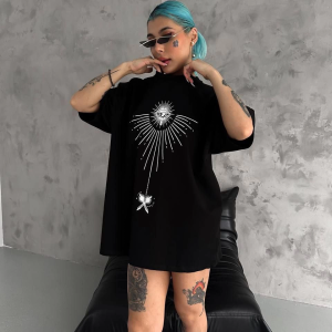 kadın Bisiklet Yaka Baskılı Oversize Kısa kol T-Shirt – Siyah