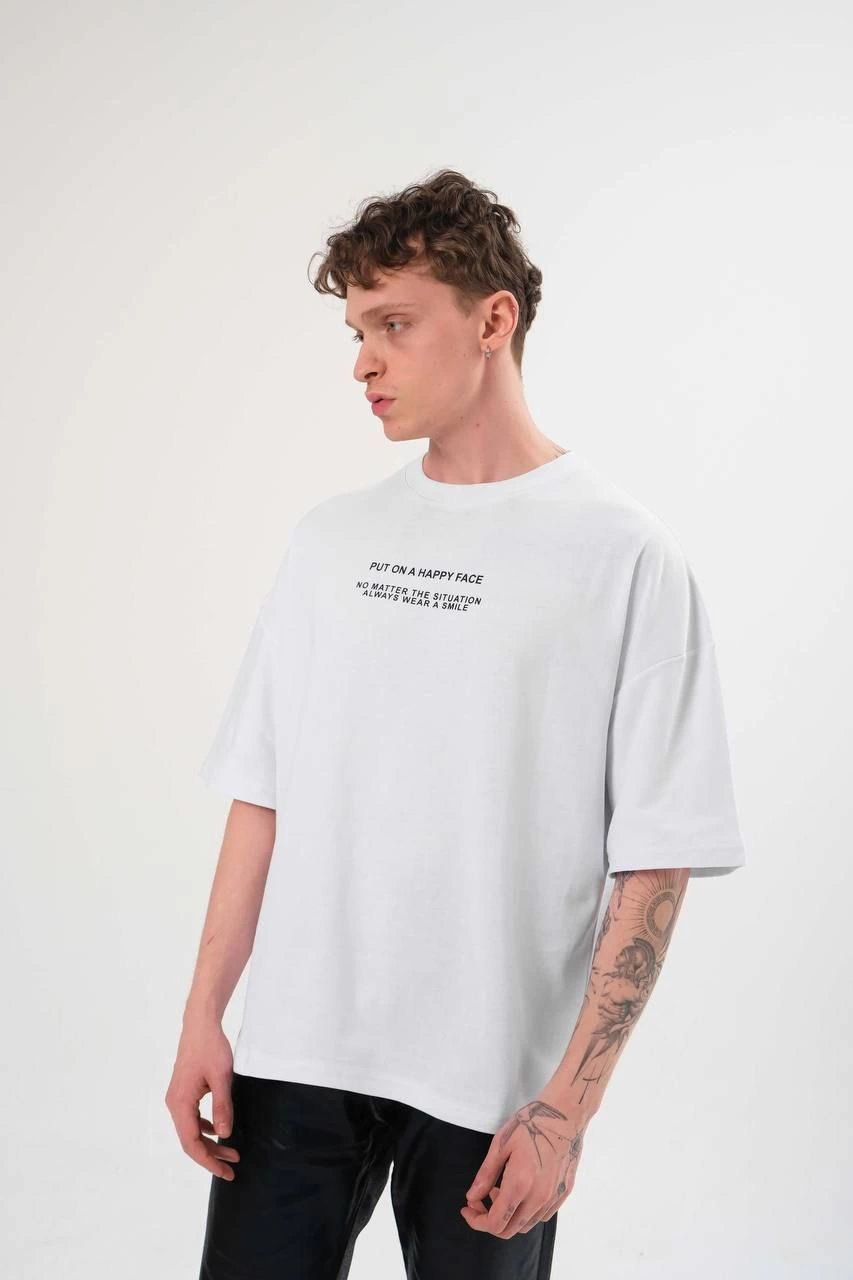 Erkek Kısa Kol Yazlık Tişört Bisiklet Yaka Baskılı Oversize T-Shirt – Beyaz