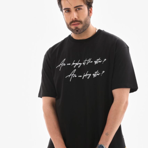 Erkek Kısa Kol Yazlık Tişört Bisiklet Yaka Baskılı Oversize T-Shirt – Siyah