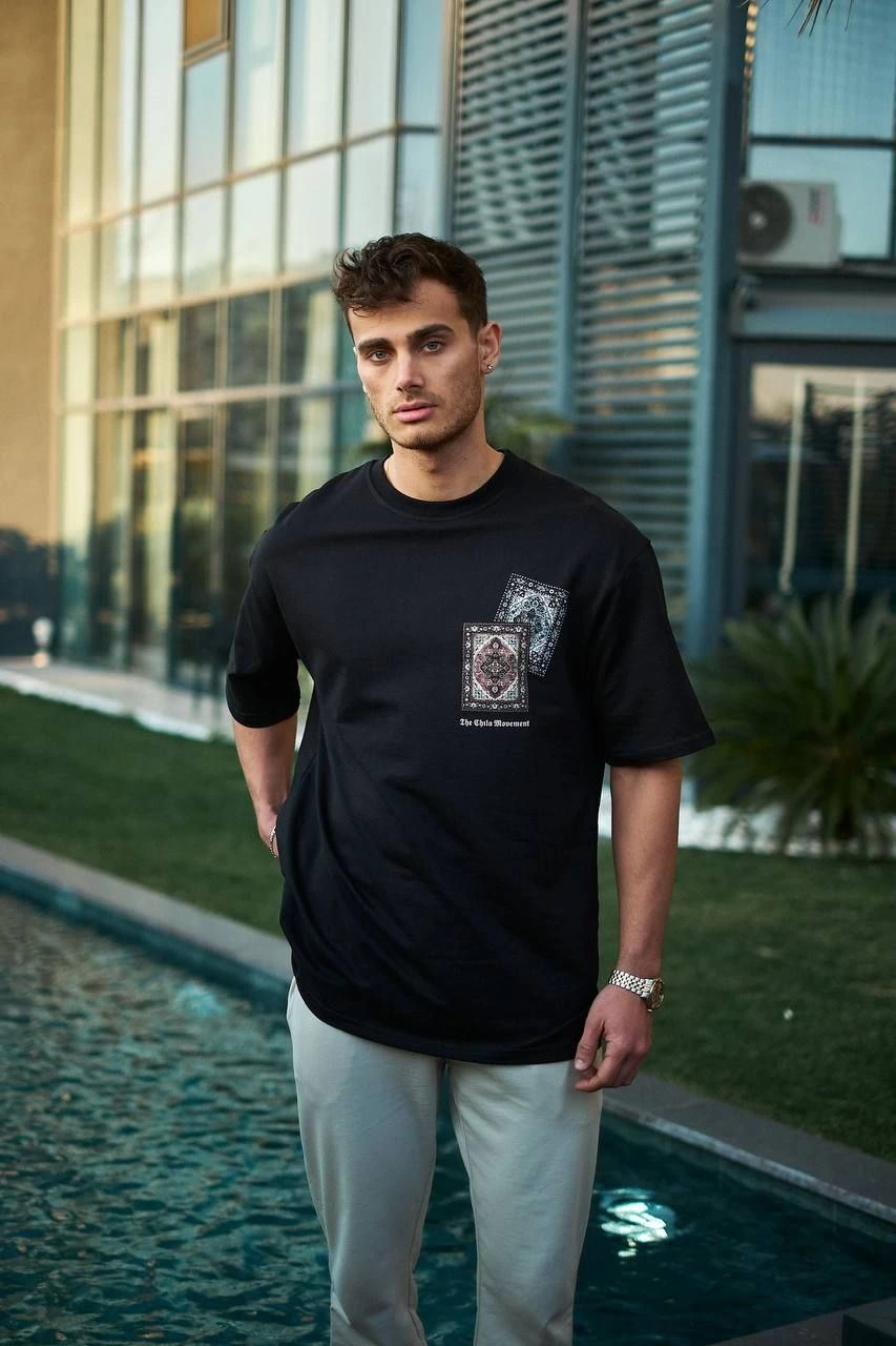 Erkek Kısa Kol Yazlık Tişört Bisiklet Yaka Baskılı Oversize T-Shirt – Siyah