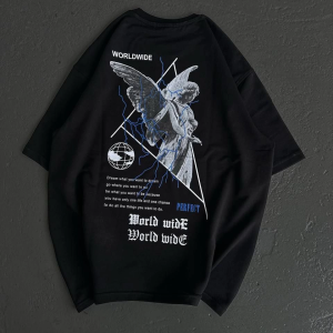 Kadın Baskılı T-Shirt Kısa Kol Bisiklet Yaka Oversize Rahat Kalıp Günlük Tişört – Siyah