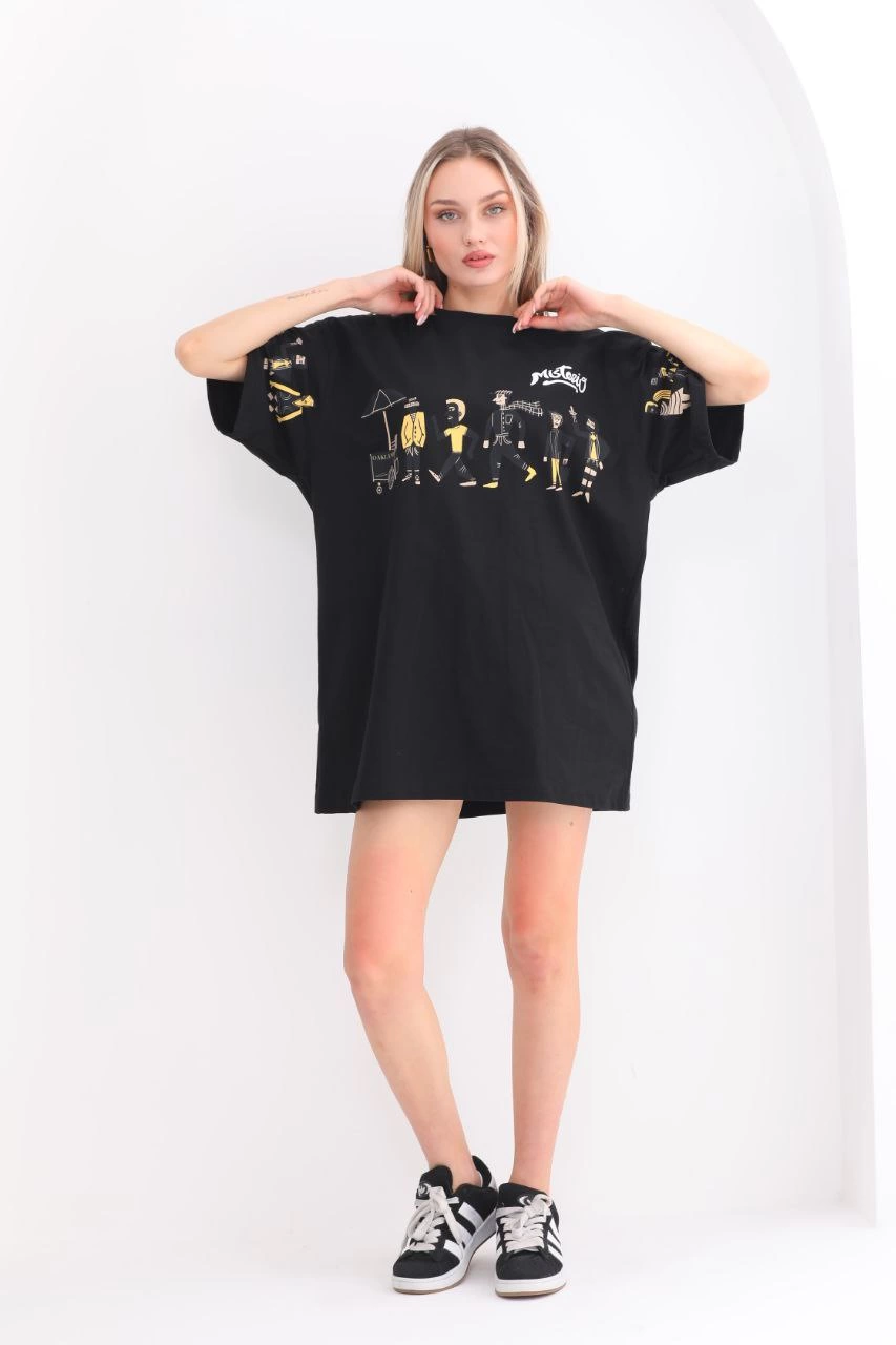 Kadın Kısa Kol Yazlık Tişört Bisiklet Yaka Baskılı Oversize T-Shirt – Siyah