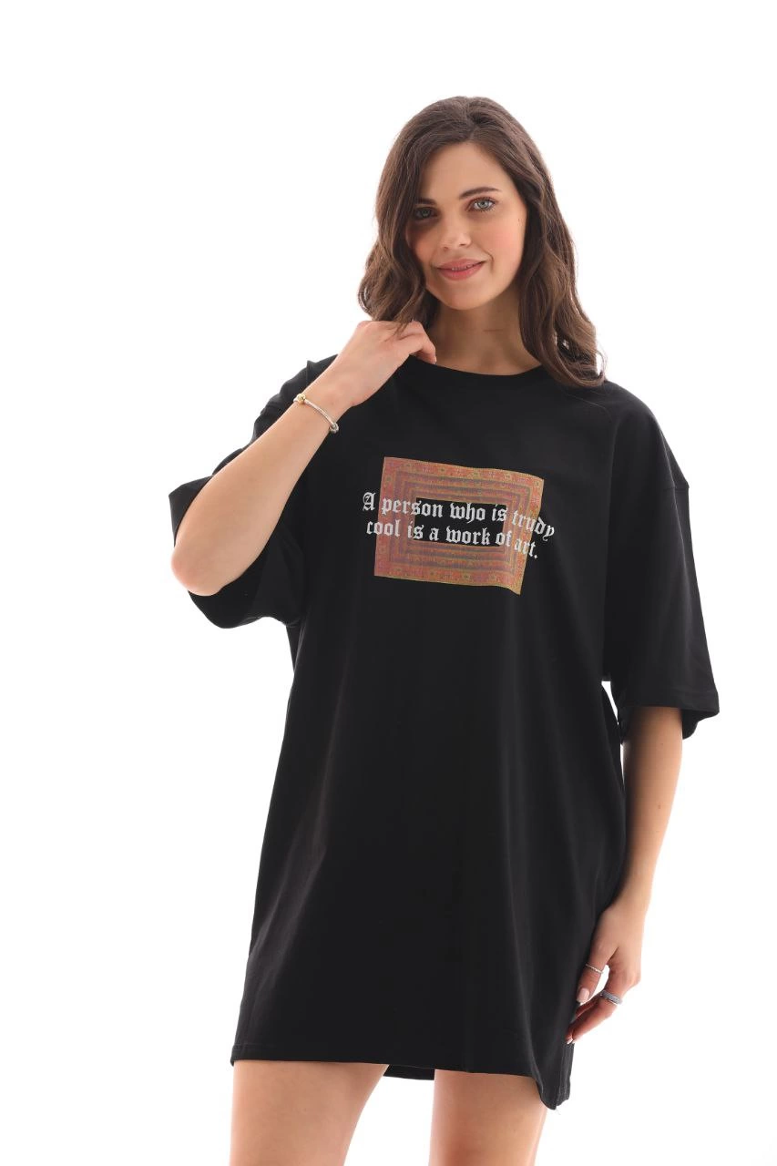 Kadın Baskılı T-Shirt Kısa Kol Bisiklet Yaka Oversize Rahat Kalıp Tişört – Siyah
