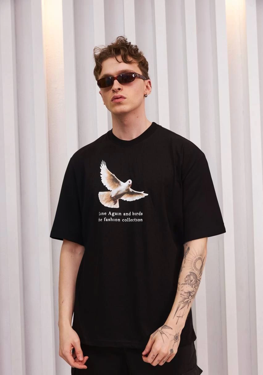 Erkek Kısa Kol Yazlık Tişört Bisiklet Yaka Baskılı Oversize T-Shirt – Siyah