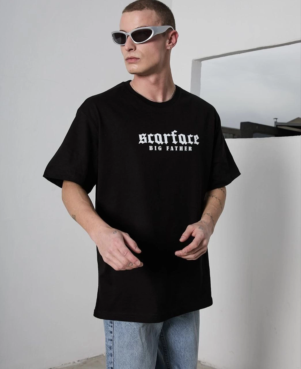 Erkek Kısa Kol Yazlık Tişört Bisiklet Yaka Baskılı Oversize T-Shirt – Siyah