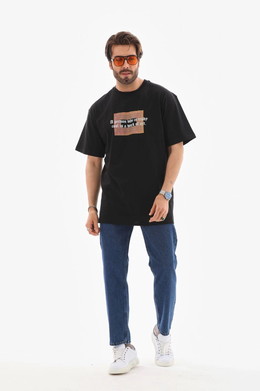 Erkek Baskılı T-Shirt Kısa Kol Bisiklet Yaka Regular Fit Rahat Kalıp Tişört – Siyah