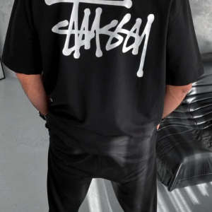 Erkek Kısa Kol Yazlık Tişört Bisiklet Yaka Baskılı Oversize T-Shirt – Siyah