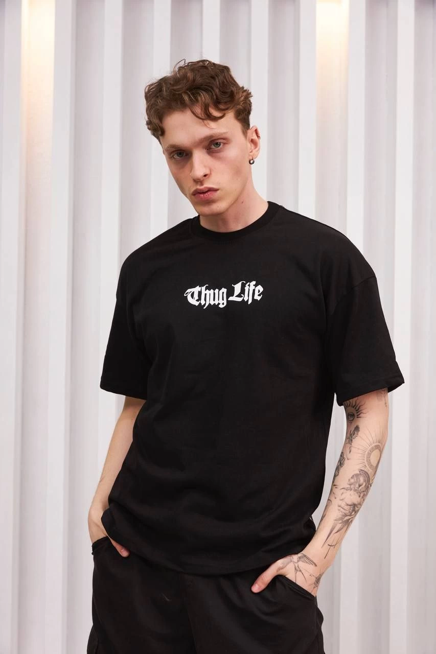 Erkek Bisiklet Yaka Baskılı Kısa kol Oversize T-Shirt – Siyah