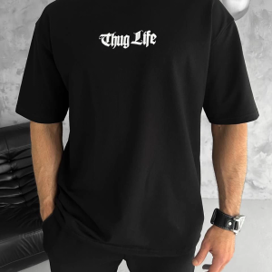 Erkek Kısa Kol Yazlık Tişört Bisiklet Yaka Baskılı Oversize T-Shirt – Siyah