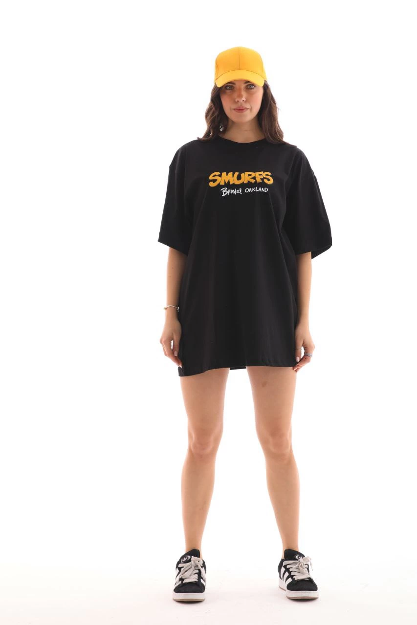 Kadın Kısa Kol Yazlık Tişört Bisiklet Yaka Baskılı Oversize T-Shirt – Siyah