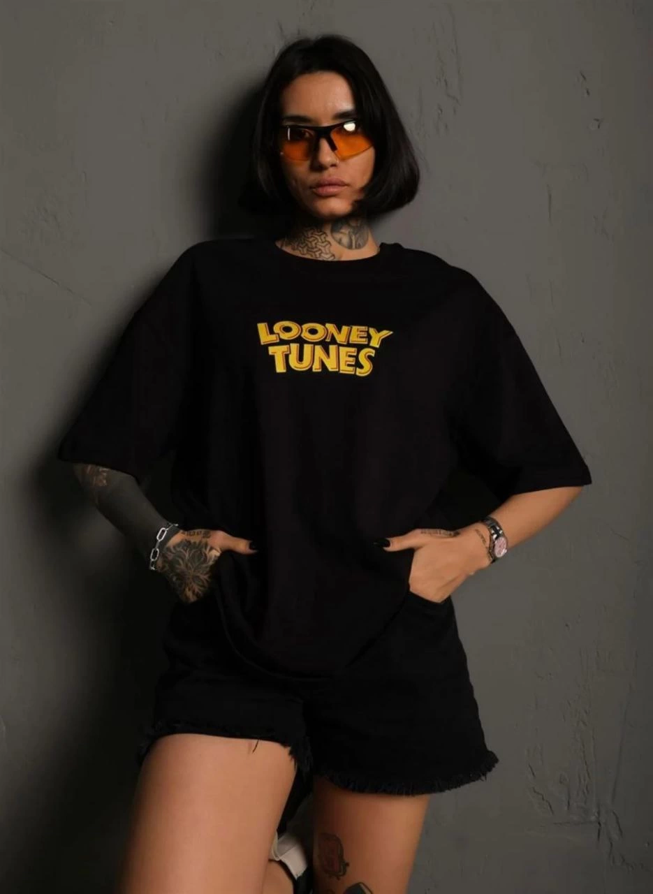 kadın Bisiklet Yaka Baskılı Oversize Kısa kol T-Shirt – Siyah