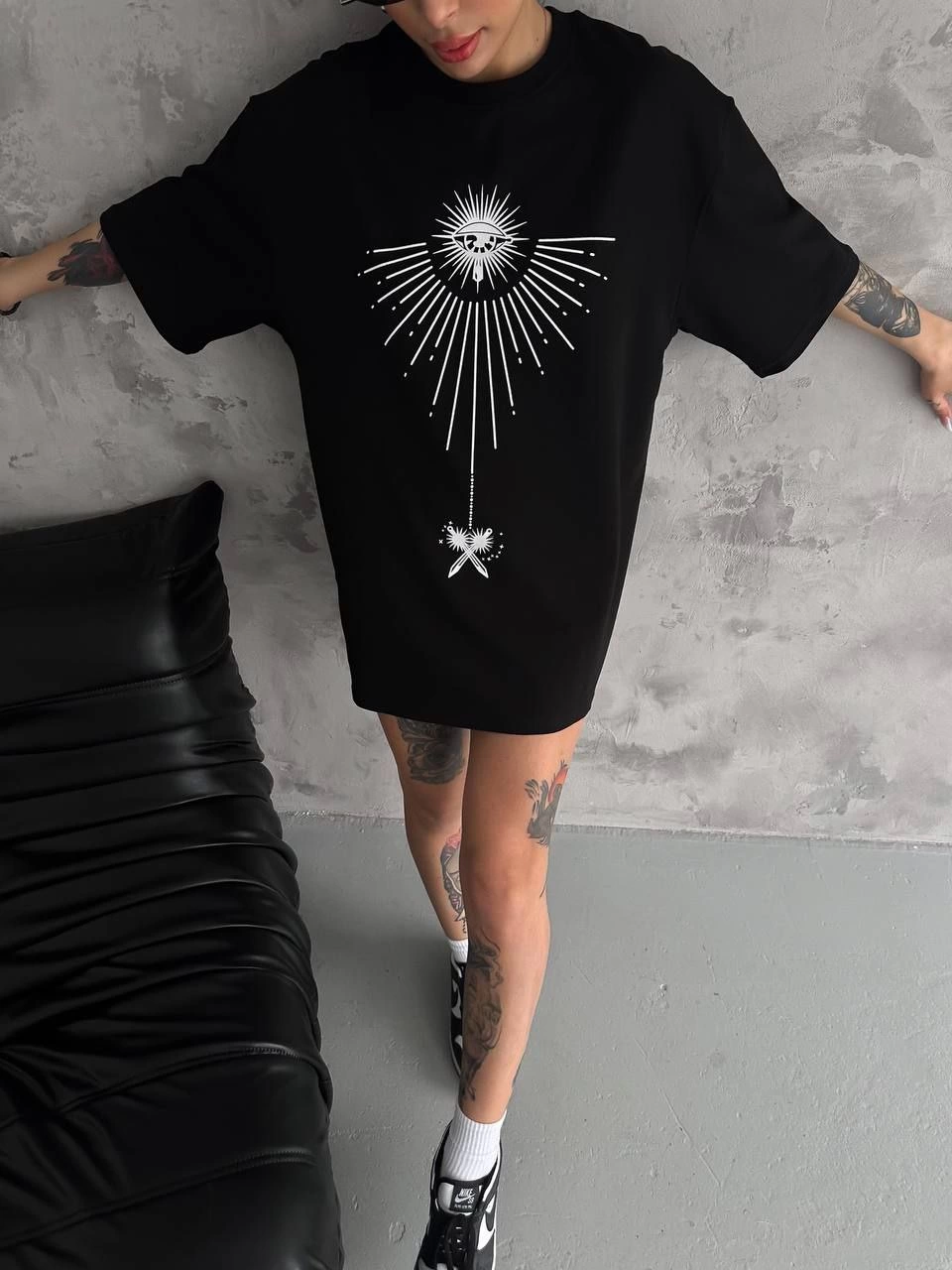 kadın Bisiklet Yaka Baskılı Oversize Kısa kol T-Shirt – Siyah