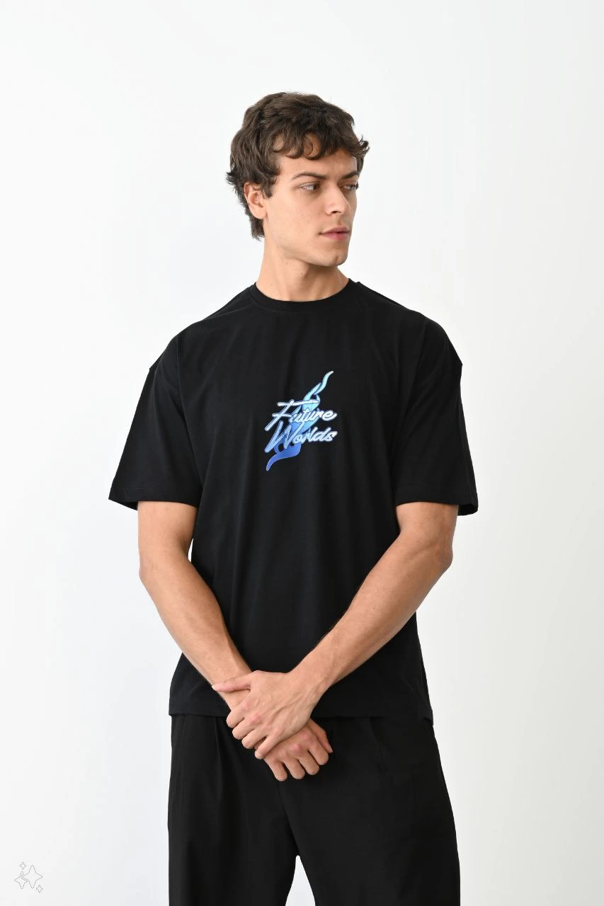 Erkek Kısa Kol Yazlık Tişört Bisiklet Yaka Baskılı Oversize T-Shirt – Siyah