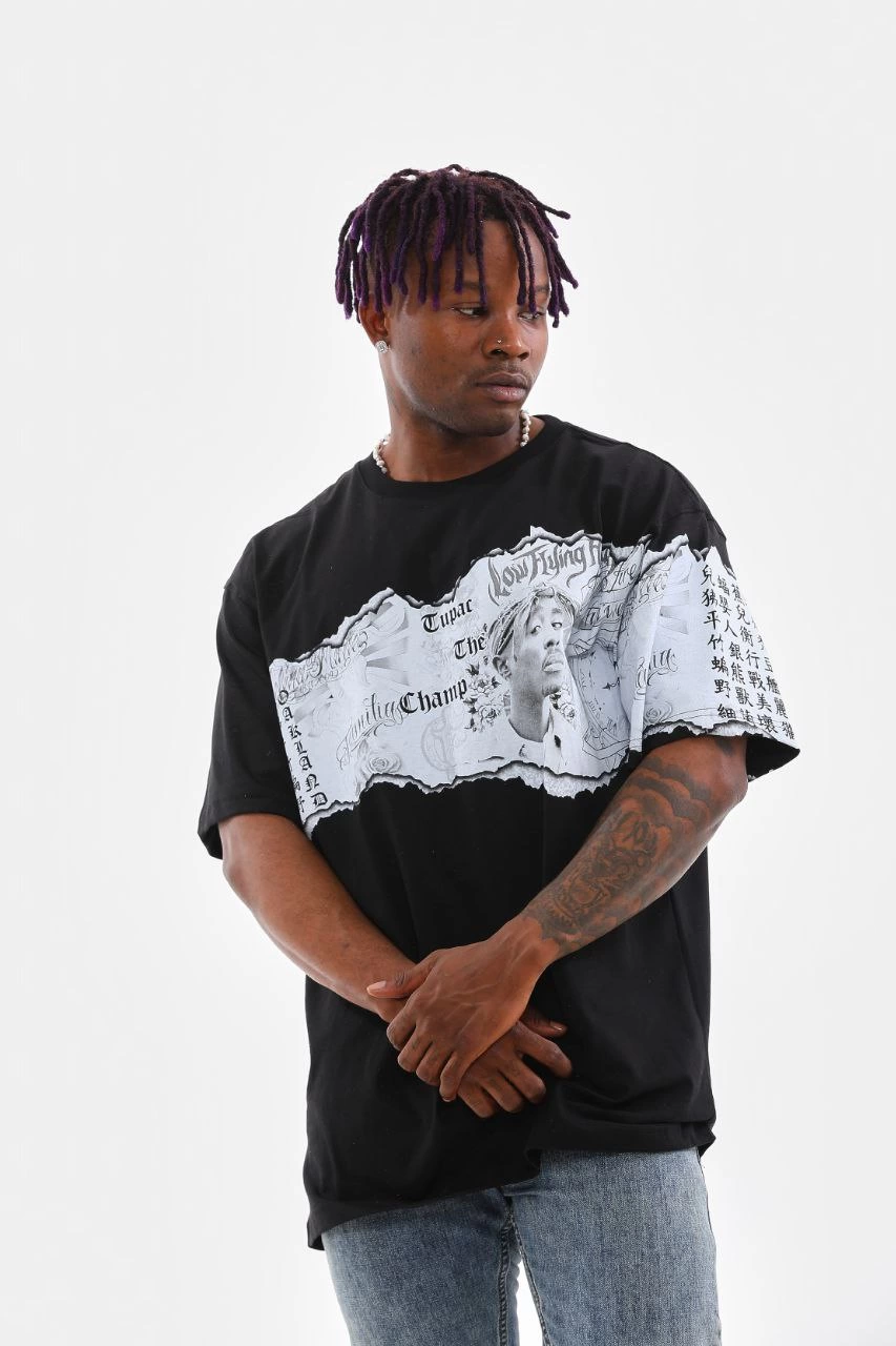 Erkek Bisiklet Yaka Baskılı Oversize T-Shirt – Siyah