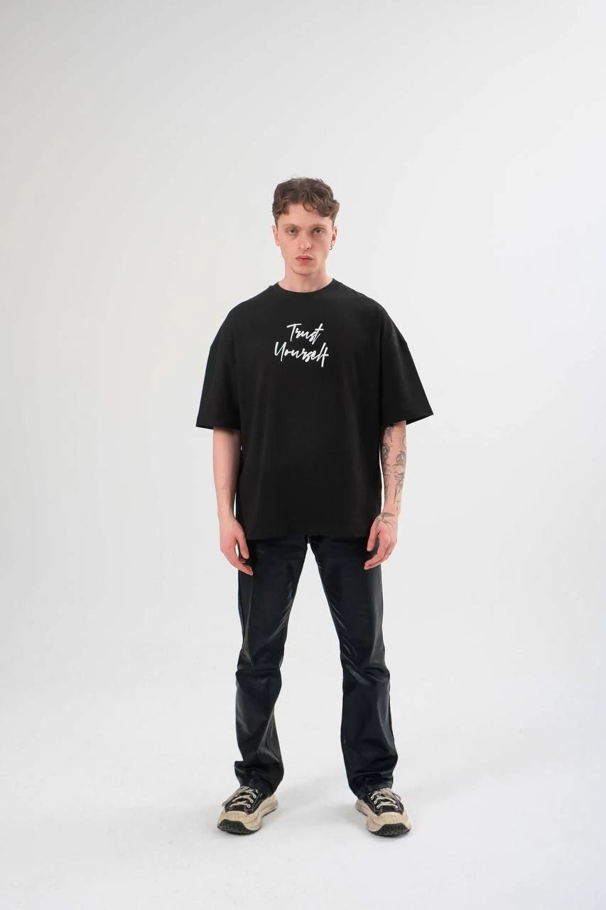 Erkek Kısa Kol Yazlık Tişört Bisiklet Yaka Baskılı Oversize T-Shirt – Siyah