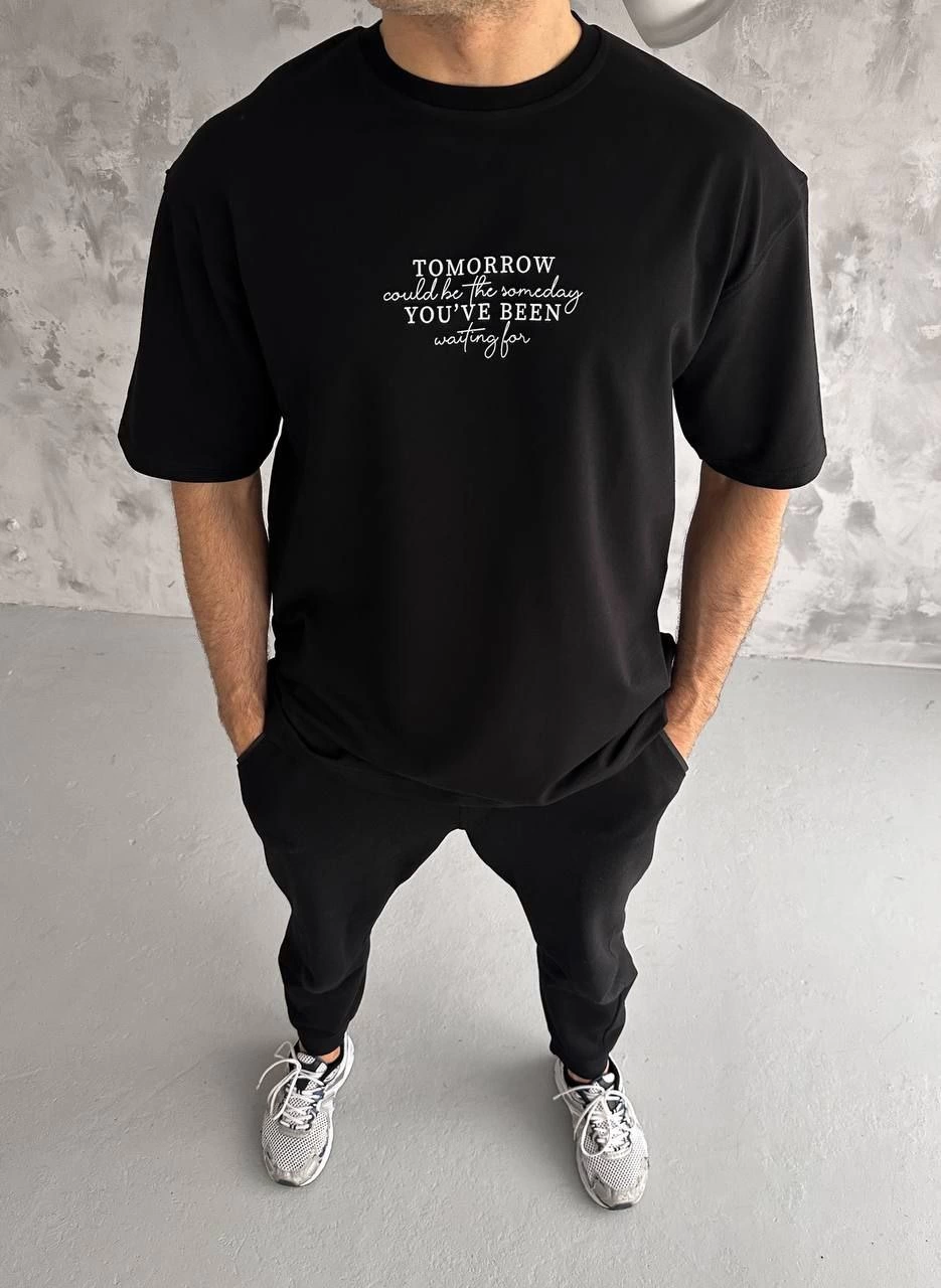Erkek Kısa Kol Yazlık Tişört Bisiklet Yaka Baskılı Oversize T-Shirt – Siyah