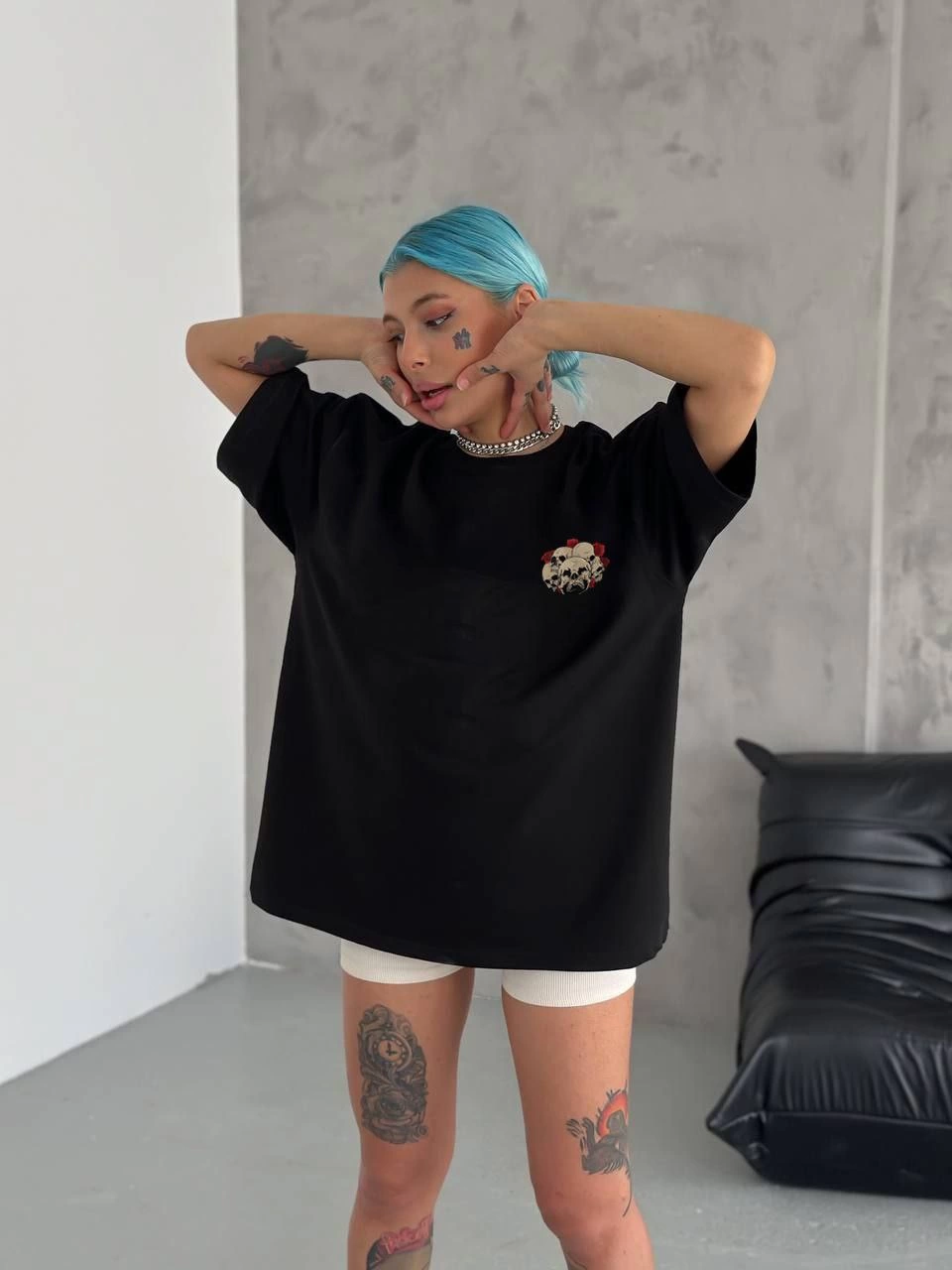 Kadın Baskılı T-Shirt Kısa Kol Bisiklet Yaka Oversize Rahat Kalıp Günlük Tişört – Siyah