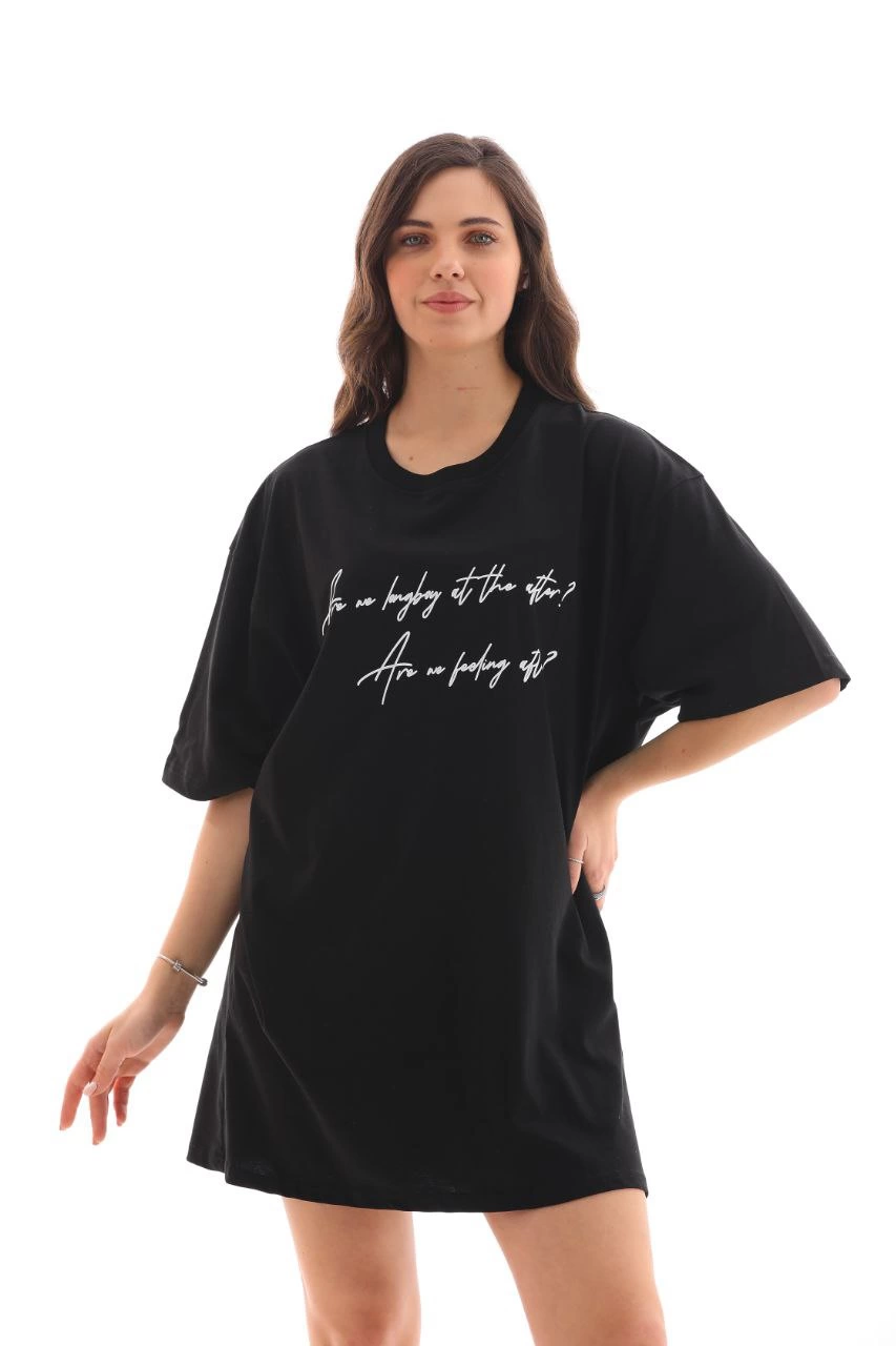Kadın Kısa Kol Yazlık Tişört Bisiklet Yaka Baskılı Oversize T-Shirt – Siyah
