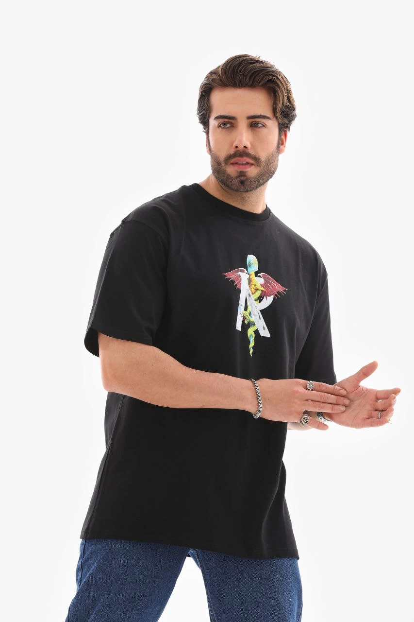 Erkek Baskılı T-Shirt Kısa Kol Bisiklet Yaka Regular Fit Rahat Kalıp Tişört – Siyah
