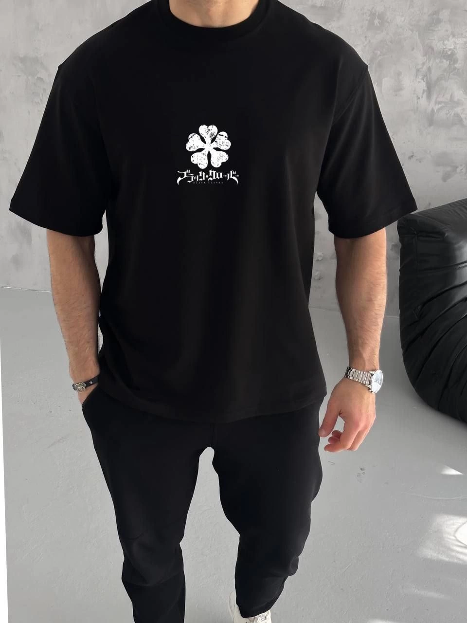 Erkek Kısa Kol Tişört Bisiklet Yaka YONCA Baskılı Oversize T-Shirt – Siyah