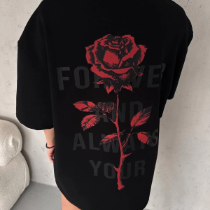 kadın Bisiklet Yaka Baskılı Oversize Kısa kol T-Shirt – Siyah