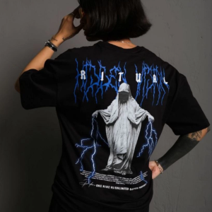 kadın Bisiklet Yaka Baskılı Oversize Kısa kol T-Shirt – Siyah