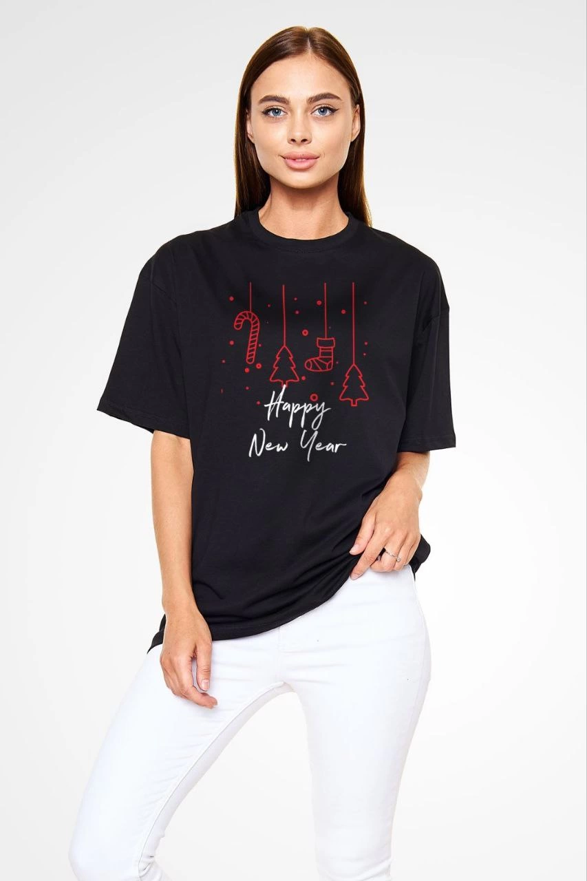 kadın Bisiklet Yaka Kısa kol Baskılı Oversize T-Shirt – Siyah