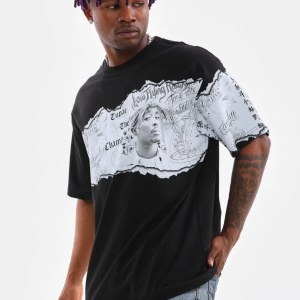 Erkek Bisiklet Yaka Baskılı Oversize T-Shirt – Siyah