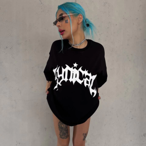 kadın Bisiklet Yaka Baskılı Oversize Kısa kol T-Shirt – Siyah