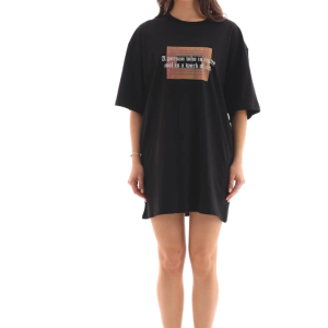 Kadın Baskılı T-Shirt Kısa Kol Bisiklet Yaka Oversize Rahat Kalıp Tişört – Siyah