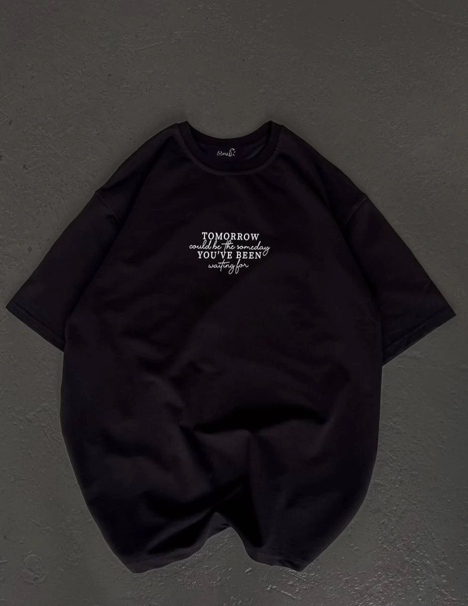 Kadın Baskılı T-Shirt Kısa Kol Bisiklet Yaka Oversize Rahat Kalıp Günlük Tişört – Siyah