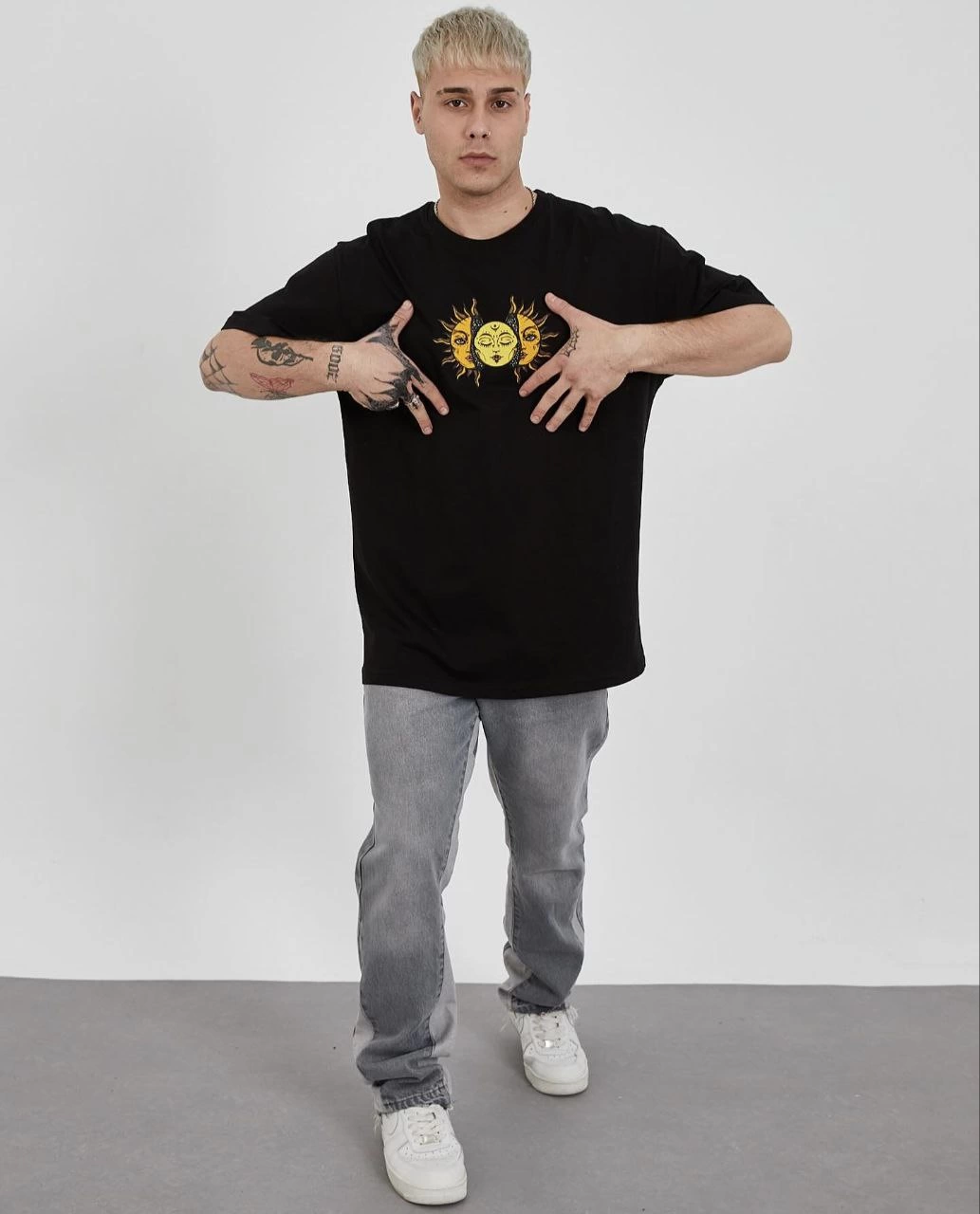Erkek Kısa Kol Yazlık Tişört Bisiklet Yaka Baskılı Oversize T-Shirt – Siyah
