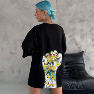 Kadın Kısa Kol Yazlık Tişört Bisiklet Yaka Baskılı Oversize T-Shirt – Siyah