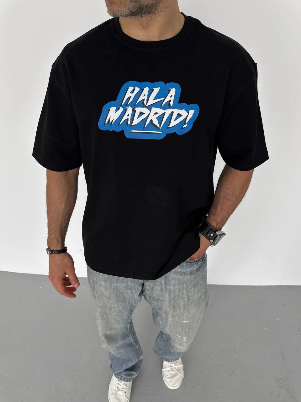 ERKEK Tişört Bisiklet Yaka Baskılı Oversize T-Shirt – Siyah
