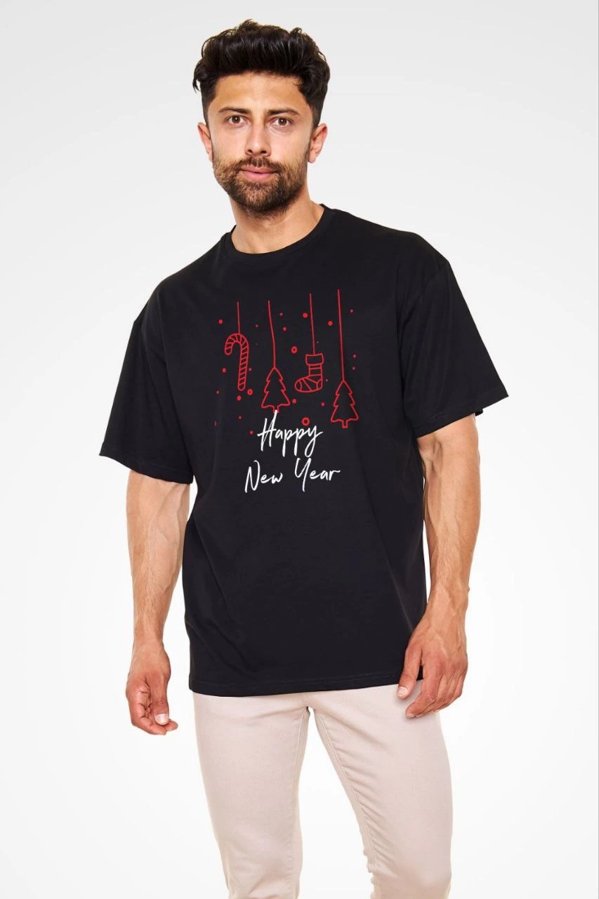 Erkek Kısa Kol Tişört Bisiklet Yaka Yeni Yıl Baskılı T-Shirt – Siyah