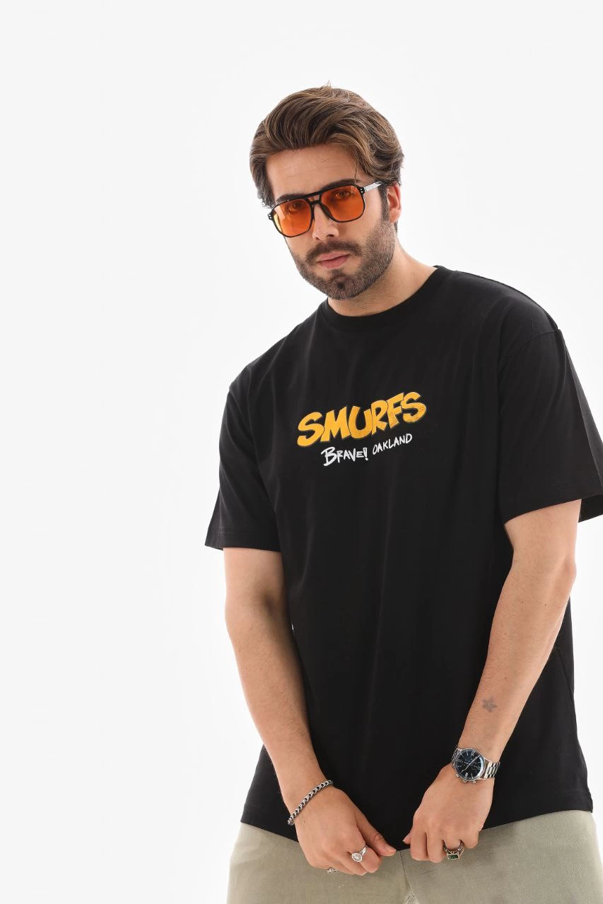 Erkek Kısa Kol Yazlık Tişört Bisiklet Yaka Baskılı Oversize T-Shirt – Siyah