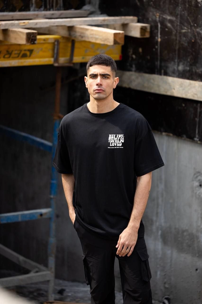 Erkek Kısa Kol Yazlık Tişört Bisiklet Yaka Baskılı Oversize T-Shirt – Siyah