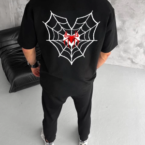 Erkek Kısa Kol Tişört Bisiklet Yaka ÖRÜMCEK Baskılı Oversize T-Shirt – Siyah